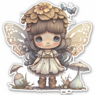Sticker Fée mignonne avec champignons et papillons