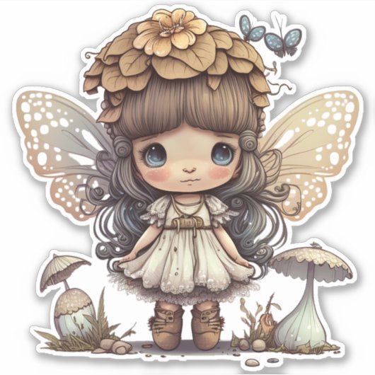 Sticker Fée mignonne avec champignons et papillons (Devant)