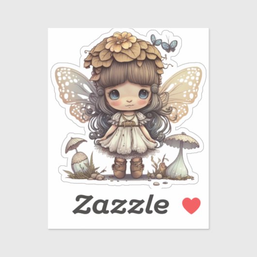 Sticker Fée mignonne avec champignons et papillons (Feuille)