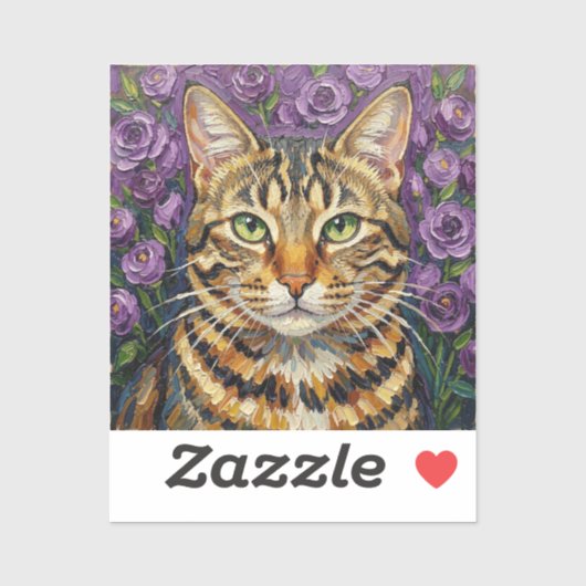 Sticker Feline and Floral | Cute Artistic Gray Tabby Cat (Feuille)