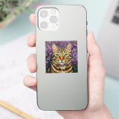 Sticker Feline and Floral | Cute Artistic Gray Tabby Cat (Téléphone)