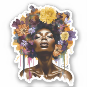 Sticker Femme afro-américaine aux cheveux noirs floraux (3