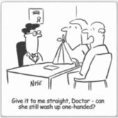 Sticker Femme drôle avec dessin animé de bras cassé. (Devant)