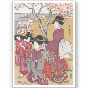 Sticker Femmes japonaises vintages et fleurs de cerisiers