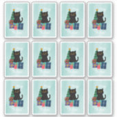 Sticker Festif Bleu Joyeux Noël Cute Cat Café Art (Devant)