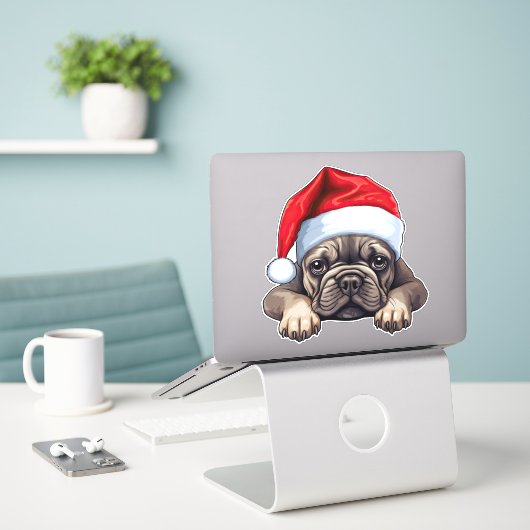 Sticker Festif Noël Français Bulldog Kiss Cut (Ordinateur portable sur le bureau)