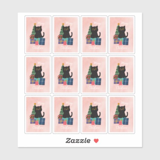 Sticker Festif rose Joyeux Noël Cute Cat Coffee Art (Feuille)