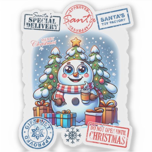 Sticker Festive Snowman With Christmas Stamps and Presents (Devant)