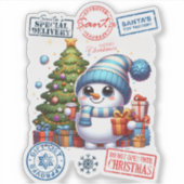 Sticker Festive Snowman With Gifts Near a Christmas Tree (Devant)