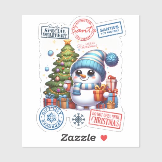 Sticker Festive Snowman With Gifts Near a Christmas Tree (Feuille)