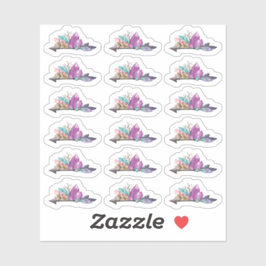Sticker Feuille aquarelle Cristaux et flèches Bohème rusti (Feuille)