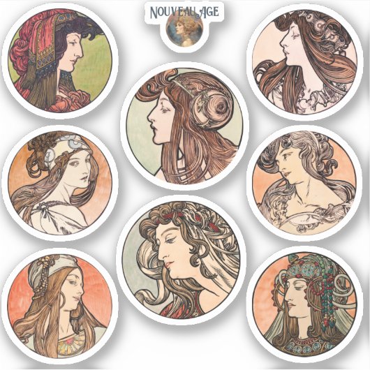Sticker Feuille d'autocollant Mucha Women Portraits (Devant)