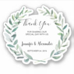 Sticker Feuille Mariage Merci aquarelle coupe personnalisé<br><div class="desc">Feuilles d'aquarelle rustique,  élégant Mariage de Merci,  autocollants de vinyle taillé sur mesure. Ajoutez vos propres noms et texte pour personnaliser. Vous pouvez également ajouter les autocollants sur les enveloppes,  pour votre poste mariage,  sous forme de scellés d'enveloppe.</div>
