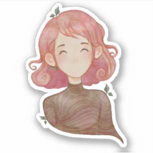 Sticker Feuilles aquarelle et caractère fille arbre