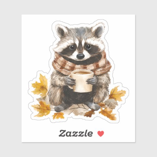 Sticker Feuilles d'automne confortable raccoon avec tasse  (Feuille)