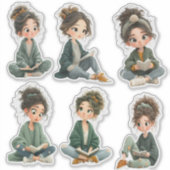 Sticker Fiche d'autocollants de fille Chibi en lecture (Devant)