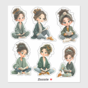 Sticker Fiche d'autocollants de fille Chibi en lecture