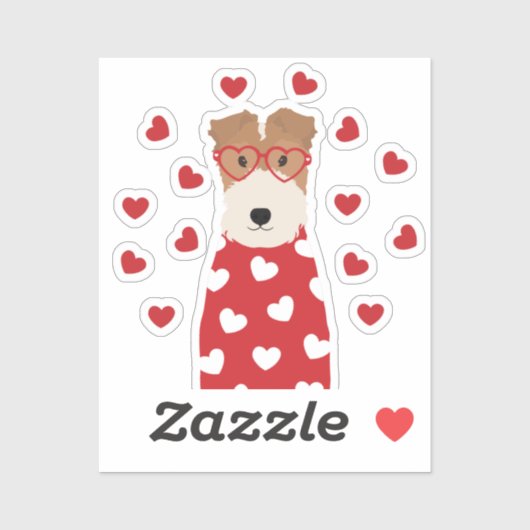Sticker Fil Fox Terrier Verres Coeur chien de chien rose (Feuille)