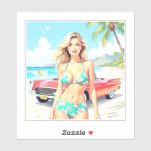 Sticker Fille à la plage avec une voiture classique