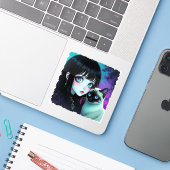 Sticker Fille Anime et Chat Siamois (Ordinateur portable avec iPhone)