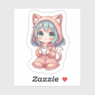 Sticker Fille Anime Kawaii Cozy avec Sweat à Capuche Chat