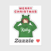 Sticker Fille avec grenouille verte Hoody Dessin Noël (Feuille)