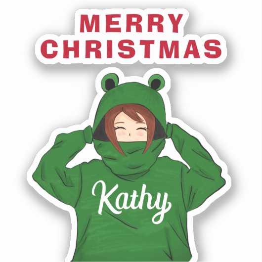 Sticker Fille avec grenouille verte Hoody Dessin Noël (Recto)