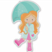 Sticker Fille Avec Parapluie, Fille En Manteau De Pluie, C (Devant)