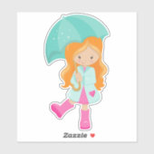 Sticker Fille Avec Parapluie, Fille En Manteau De Pluie, C (Feuille)
