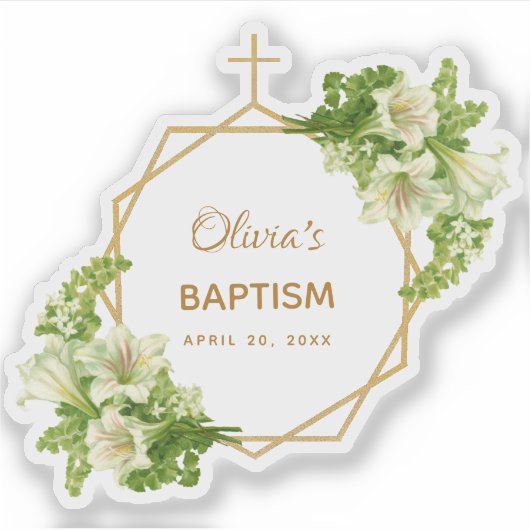 Sticker Fille Baptême Floral Gold Blanc Lys Géométrique (Devant)