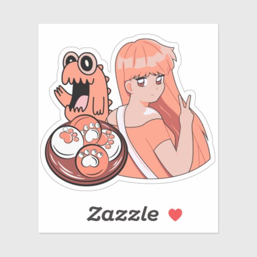 Sticker Fille d'anime pêche avec des mochis de patte de ch (Feuille)