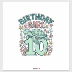 Sticker Fille d'anniversaire 10 Tortue de mer Gravure vint