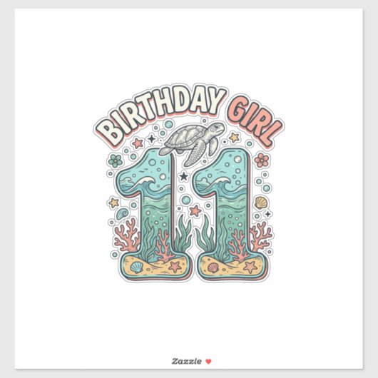 Sticker Fille d'anniversaire 11 Tortue de mer Conception d (Feuille)