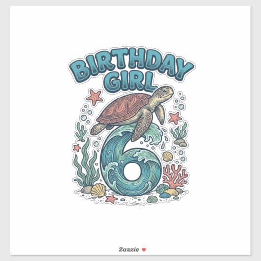 Sticker Fille d'anniversaire 6 Tortue de mer Conception de (Feuille)