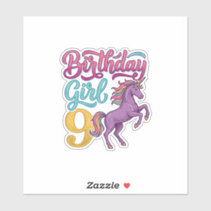 Sticker Fille d'anniversaire 9 Licorne Dessin de gravure v