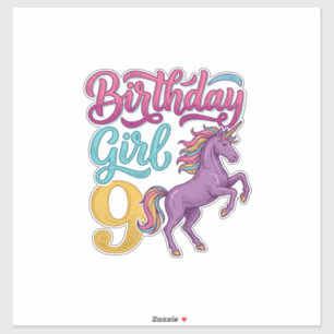 Sticker Fille d'anniversaire 9 Licorne Dessin de gravure v