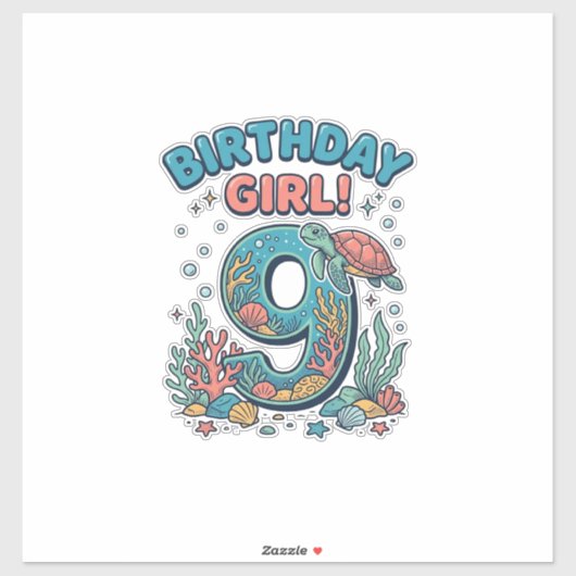 Sticker Fille d'anniversaire 9 Tortue de mer Conception ve (Feuille)