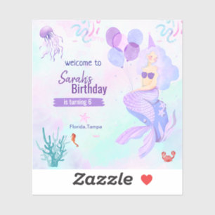 Sticker fille d'anniversaire thème sirène personnalisé vio