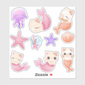 Sticker Fille de sirène de chat rose (Feuille)