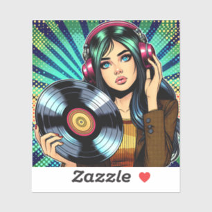 Sticker Fille de style comic art pop cool avec album vinyl