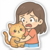 Sticker Fille effrayée serrant son chat dans ses bras (Recto)