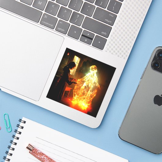 Sticker Fille et fantôme (Ordinateur portable avec iPhone)