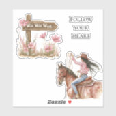 Sticker Fille florale rose Fille sauvage Ouest sur cheval (Feuille)