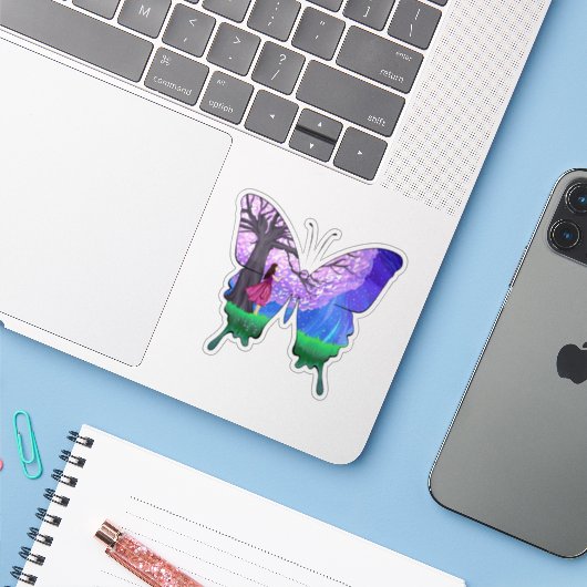 Sticker fille la nuit en forme de papillon (Ordinateur portable avec iPhone)