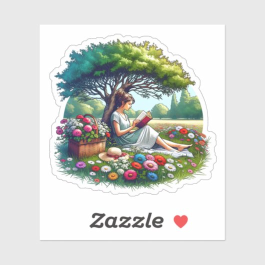 Sticker Fille lisant sous un arbre entouré de fleurs (Feuille)