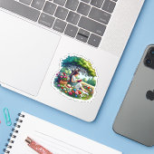 Sticker Fille lisant sous un arbre entouré de fleurs (Ordinateur portable avec iPhone)
