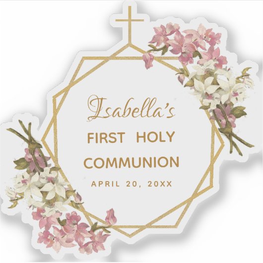Sticker Fille Première Communion Pink Orchid Gold Cross Fl (Devant)
