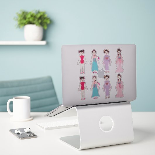 Sticker Filles asiatiques (Ordinateur portable sur le bureau)