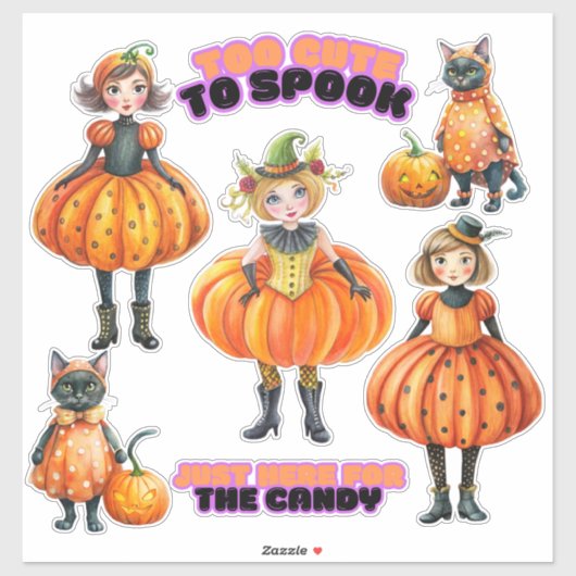 Sticker Filles et chats Citrouilles mignons (Feuille)