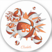 Sticker filles nom sur orange blanc basketballs étoiles (Devant)